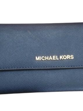 Michael Kors Deep Blue Saffiano Leather Clutch Wallet with Gold Logo